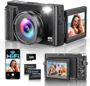 4K 64MP Digitalkamera mit WLAN, 16X Digitalzoom, 180° Flip Screen Autofokus Vlogging Fotoapparat mit Selfie, WiFi Kompaktkamera mit 32GB Karte 2 Batterien für Anfänger 