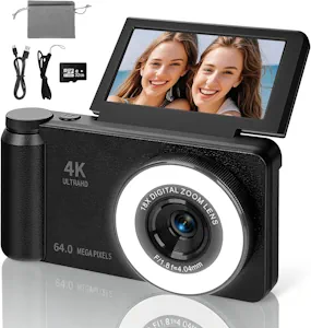 4K 64MP Digitalkamera mit Beauty Licht & Schönheitsmodus Autofokus Kamera Fotokamera Kompakte Vlogging Kamera 3 Zoll 180° Flip Bildschirm 18X Digitalzoom 20 Filter 32G Karte für Kinder Jugendliche