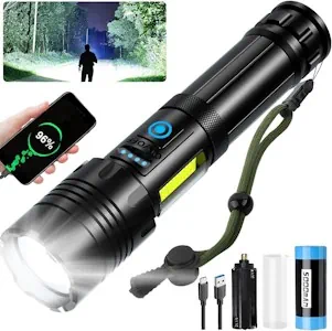 cinlinso Taschenlampe Led 100000 Lumen, Extrem Hell Taschenlampe USB-C Aufladbar Taktische Taschenlampen Mit holster, 7 Lichtmodi, Zoombar, IPX6 Wasserdicht für Camping Wandern Notfälle (Mit Akku) [Energieklasse A+++]
