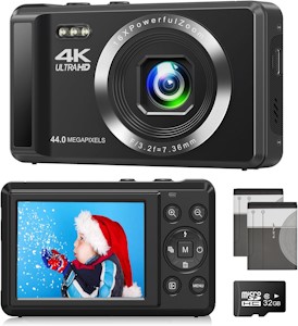 Digitalkamera 4k Fotokamera mit Autofokus, 44MP Fotoapparat mit 32GB SD-Karte 16X Digitalzoom Kompaktkamera für Anfänger Kinder Jungen und Mädchen Studenten Erwachsene (2 Batterien) 