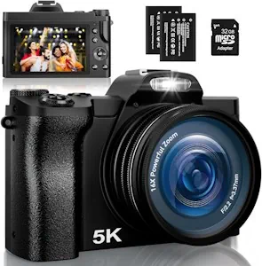 Digitalkamera 5K, 48MP 16X Digital Zoom Fotokamera mit 32G SD-Karte, Autofokus WiFi Kompaktkamera 6 Achsen Stabilisierung Reisekamera mit UV-Filter und 2 Akkus für Anfänger, Kinder, Vloggen 
