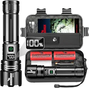 Shadowhawk 500000 Lumen Taschenlampe LED Aufladbar - Bis zu 1000m Reichweite, 24h Laufzeit mit 2 Akkus, LCD-Prozentanzeige Taktische Taschenlampen, Extrem Hell Flashlight für Camping, Wandern, Outdoor [Energieklasse A]
