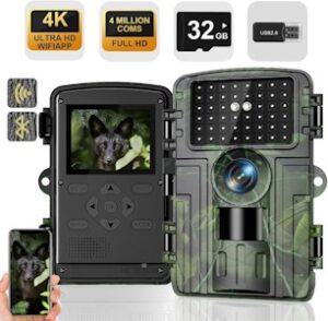 Wildkamera, 4K Video Wildtierkamera, 60MP Full HD WLAN mit Handyübertragung APP, Bewegungssensor, Nachtsicht, 0,1s Auslösezeit, Infrarot Wildkamera mit 32G Speicherkarte & Kartenleser IP66 Wasserdicht 